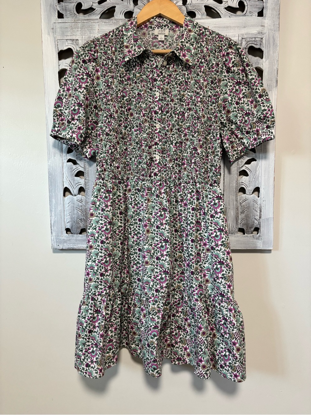 NEW J. Crew Factory Short-Sleeve Smocked Floral Green/Pink Shirt Dress - Picture 3 of 11